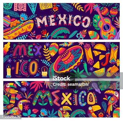 istock Mexican sombrero, food, toucan, flowers and guitar 1368496470