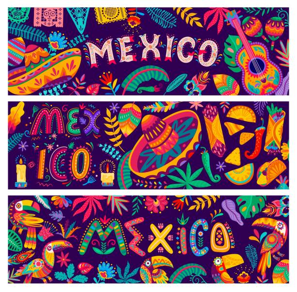 Mexican sombrero, food, toucan, flowers and guitar Mexican national sombrero and food, toucan, flowers, guitar and papel picado flags. Vector banners with ethnic Mexican ornament background of flowers, leaves, birds and jalapeno pepper papel picado illustrations stock illustrations