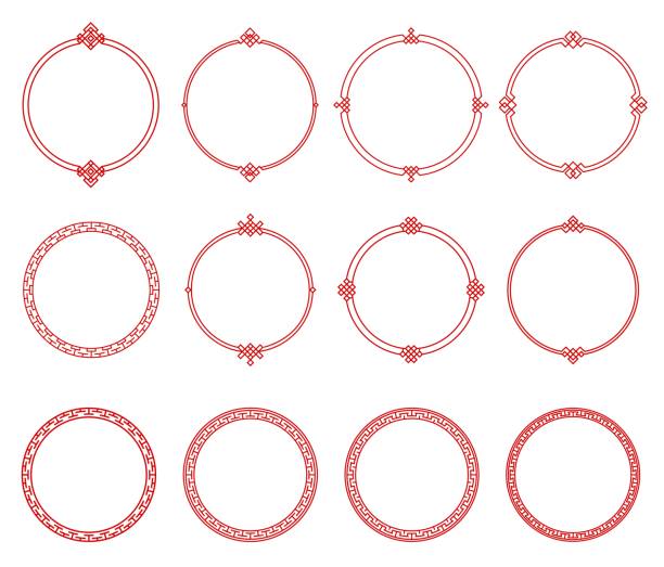 Round red asian frames, borders, oriental patterns Round red Asian frames and borders, Japanese, Korean and Chinese patterns, vector. Oriental asian circle line pattern ornaments and embellishments of isolated round border frame tracery stock illustrations