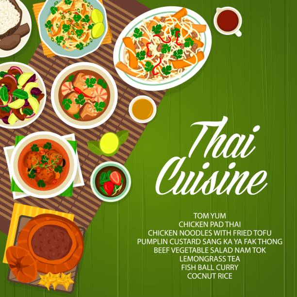 ÐÐ¾Ð±Ð¸Ð»ÑÐ½Ð¾Ðµ ÑÑÑÑÐ¾Ð¹ÑÑÐ²Ð¾ Thai cuisine food menu cover, Thailand Asian restaurant dishes for lunch and dinner, vector. Thai authentic food, spicy Tom Yum soup, coconut rice with beef vegetable salad and fish ball curry beef pad stock illustrations