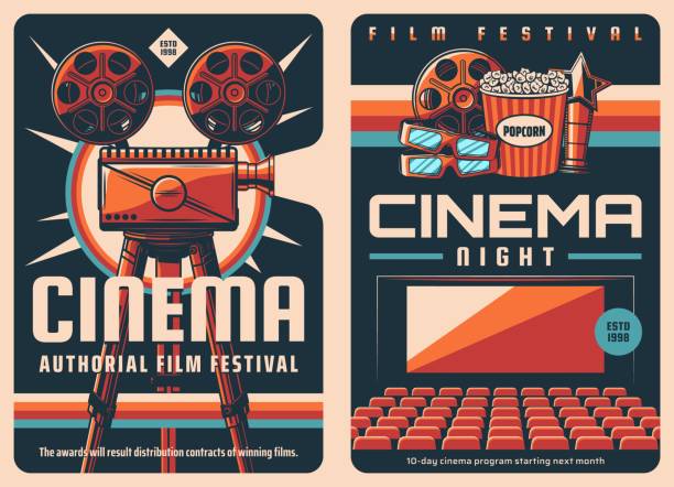 Movie film festival retro poster, cinema projector Movie film festival retro posters with vector cinema or movie theater, vintage video projector, film reels and popcorn bucket, 3d glasses and cinematography award. Entertainment event banners film poster stock illustrations
