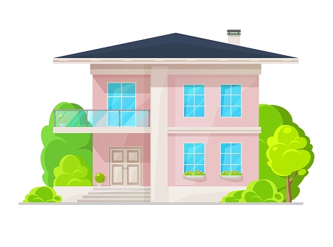 Suburban two-story house with balcony, building exterior. Vector pink stone home facade with white stairs and slopping roof. Residential luxury cottage in classic style, architecture cartoon mansion