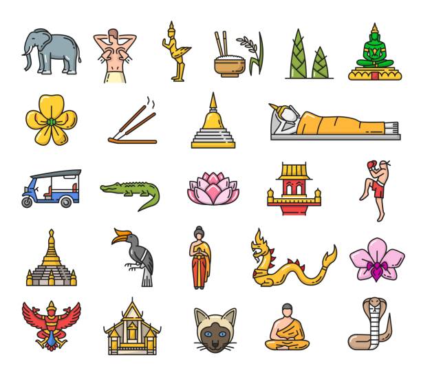 ilustraciones, imágenes clip art, dibujos animados e iconos de stock de tailandia puntos de referencia, cultura y religión icono de línea - reclining buddha