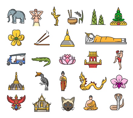 Thailand landmarks, culture and religion line icons. Thai architecture, religion and nature symbols outline vector icons with animals, flowers and food, Buddha statues, dragon and temple, thai boxing