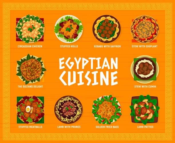 ilustrações de stock, clip art, desenhos animados e ícones de egyptian cuisine restaurant menu page template - circassian