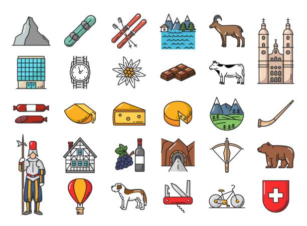 Swiss history, food and landmark line icons Swiss food, history landmark and people line icons set with Matterhorn peak, snowboard and ski, swiss guard, cheese and edelweiss, chocolate, tunnel and alpine horn, wristwatch, bear and cathedral alpenhorn stock illustrations