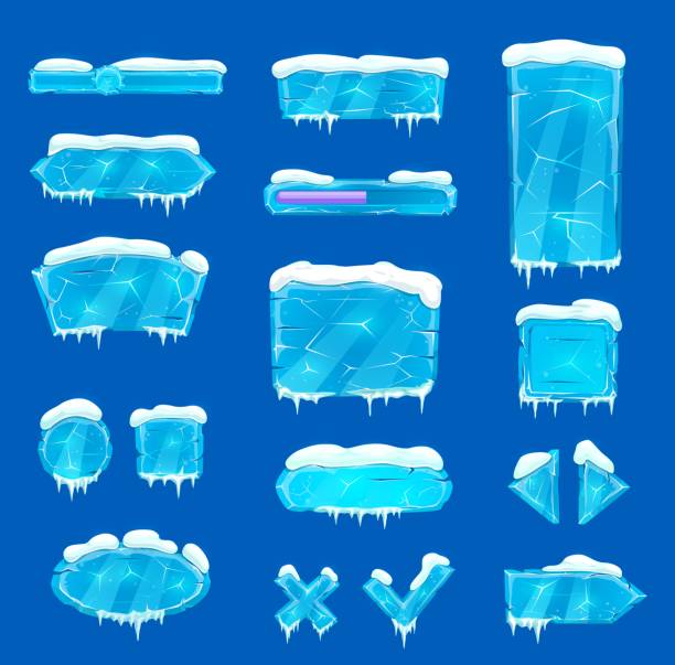 Blue ice crystal buttons, sliders, arrows and keys Blue ice crystal buttons, sliders, arrows and keys with snow and icicles. Vector game asset, user menu panel interface. Iced textured blocks, ui gui graphic design elements, frozen cartoon buttons icicle cartoon stock illustrations