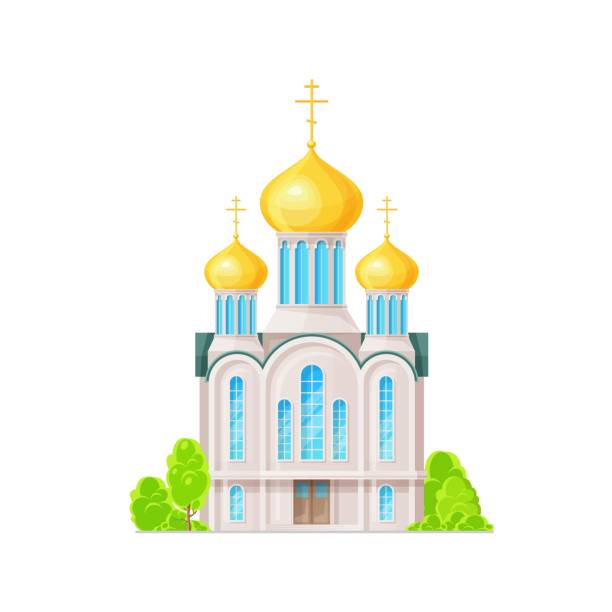 Orthodox church, temple or cathedral building icon Orthodox church, temple or cathedral building icon. Vector Christianity religion and religious architecture design. Church building with gold onion domes, crosses, bell tower and chapels onion dome stock illustrations