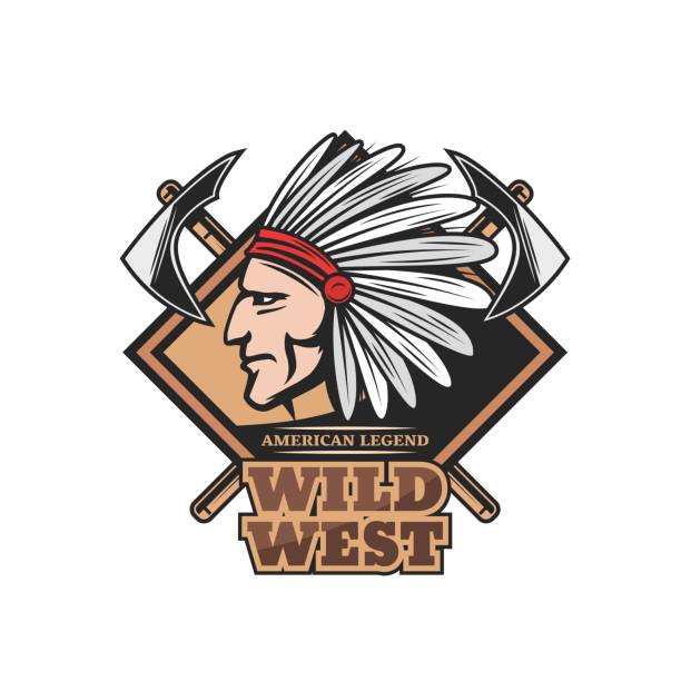 Native American brave chief of Wild West vector icon Native American brave chief Wild West vector character. Native American tribe leader with war bone feather headdress, crossed tomahawk and hatchet. Isolated symbol of American legend chief leader stock illustrations