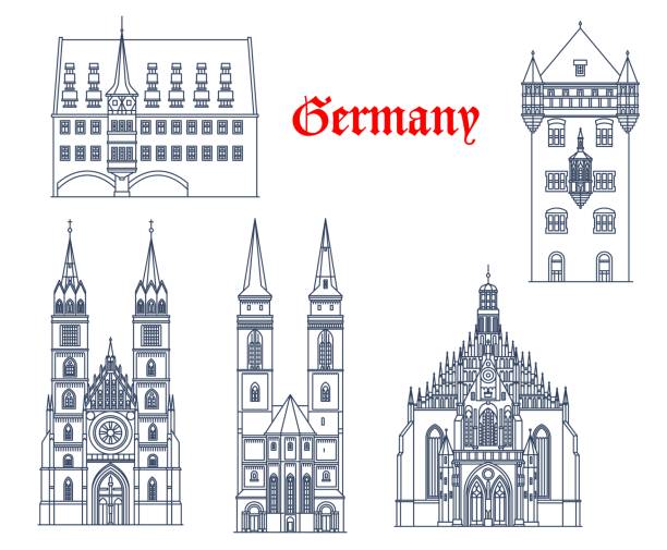 illustrazioni stock, clip art, cartoni animati e icone di tendenza di germania, norimberga luoghi d'interesse, vettoriale - church of our lady dresden illustrations