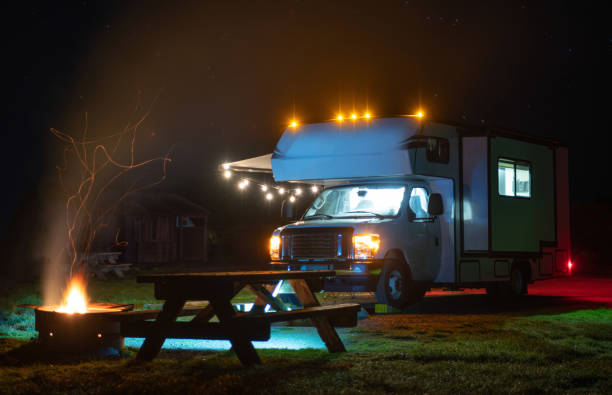 istock RV Park Motorhome Camper Van Camping with Campfire 1368498386