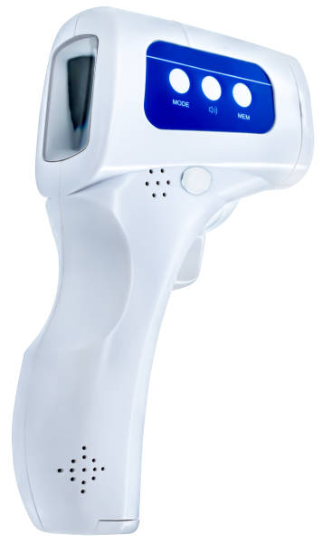 termometro a infrarossi a corpo digitale senza contatto isolato su sfondo bianco - infrared thermometer foto e immagini stock