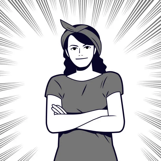 Vector illustration of Young woman in casual clothes with crossed arms looking into the distance, front view, comics effects lines background