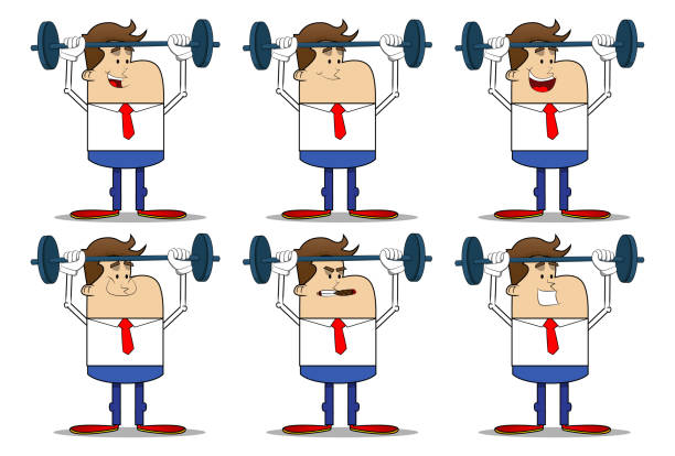 Simple retro cartoon of a businessman weightlifter lifting barbell. Simple retro cartoon of a businessman weightlifter lifting barbell. Professional finance employee white wearing shirt with red tie. cartoon muscular man lifting heavy weights stock illustrations