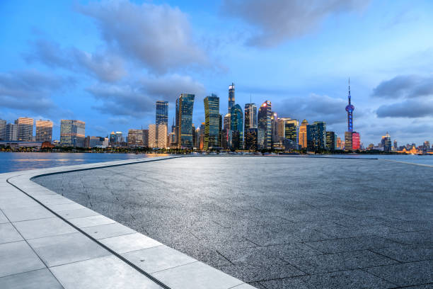 istock Panoramic skyline and modern buildings with empty floor in Shanghai 1368506129