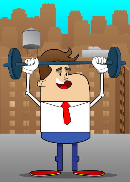 Simple retro cartoon of a businessman weightlifter lifting barbell. Simple retro cartoon of a businessman weightlifter lifting barbell. Professional finance employee white wearing shirt with red tie. cartoon muscular man lifting heavy weights stock illustrations