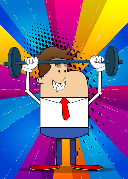 Simple retro cartoon of a businessman weightlifter lifting barbell. Simple retro cartoon of a businessman weightlifter lifting barbell. Professional finance employee white wearing shirt with red tie. cartoon muscular man lifting heavy weights stock illustrations