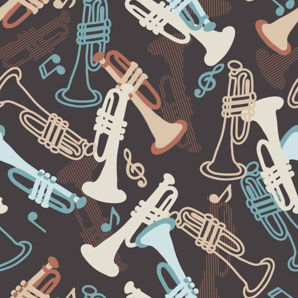 illustrazioni stock, clip art, cartoni animati e icone di tendenza di tromba astratta e tromba musica tempo grafica vettoriale modello senza soluzione di continuità - trumpet musical instrument music brass