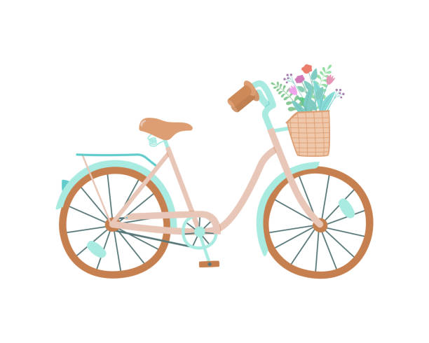 illustrazioni stock, clip art, cartoni animati e icone di tendenza di bici da donna carina con telaio basso e cestino davanti. bicicletta d'epoca. - hanging flower basket isolated