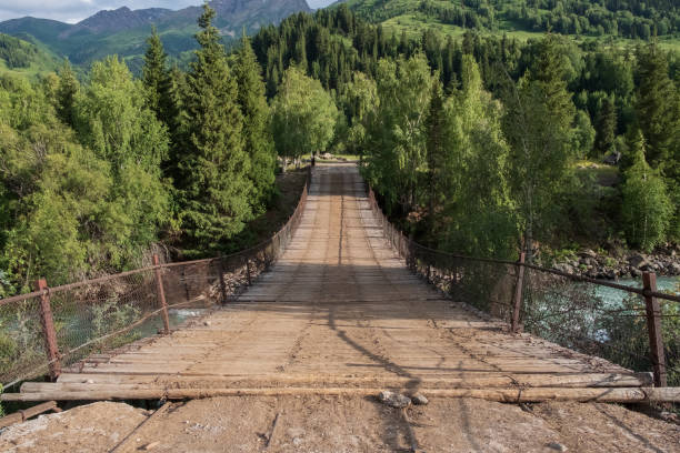 istock An old suspension bridge over mountain river in beautiful mountain forest. 1368511917