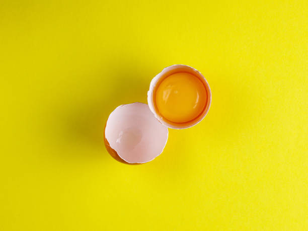 istock broken brown chicken egg and egg yolk on the yellow background. 1368512825