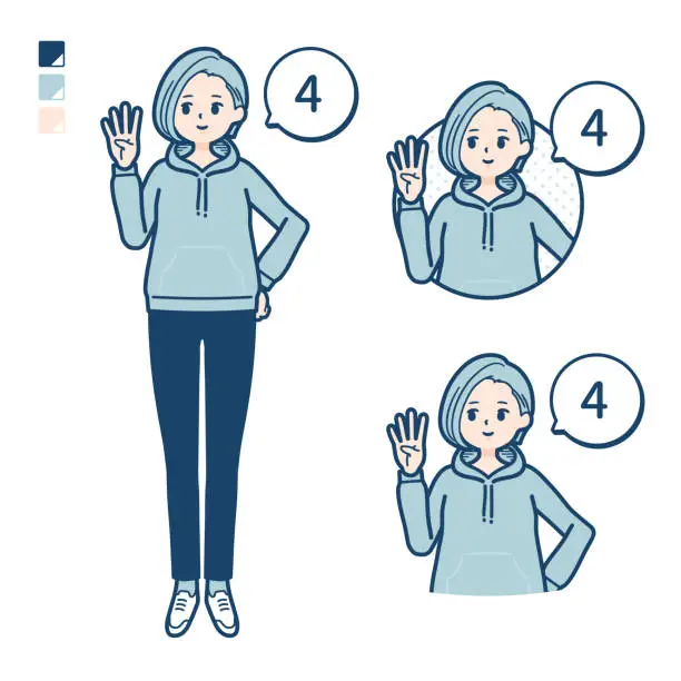 Vector illustration of A Young woman in a hoodie with Counting as 4 images