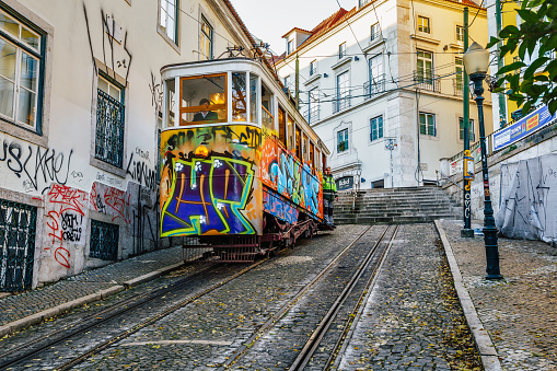 Istanbul, December 2018:  Old Tram going through the streets of Kadikoy on the Asian side of Istanbul.  The trendy neighborhood is full of colorfull buildings