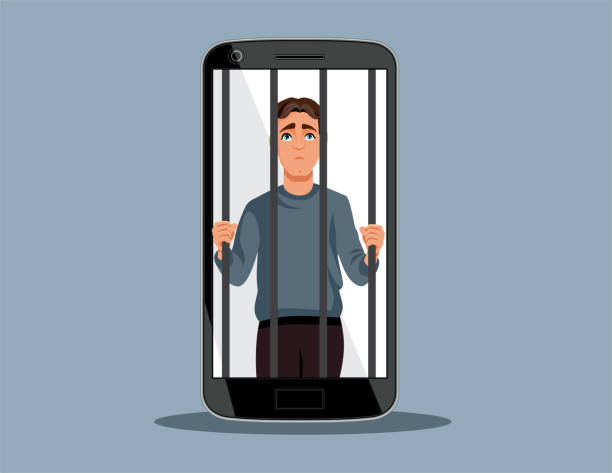ilustrações de stock, clip art, desenhos animados e ícones de prisoner man behind bars in a cell phone jail vector illustration - prison cell