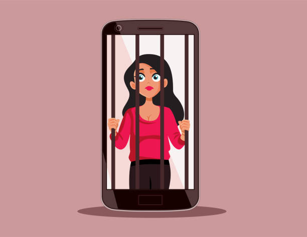 Prisoner Woman Behind Bars In A Cell Phone Jail Vector Illustration Stock  Illustration - Download Image Now - iStock