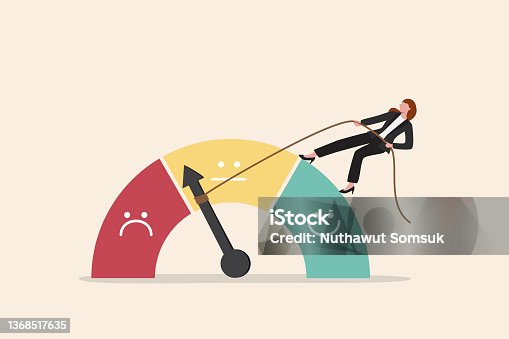 istock Performance rating or customer feedback, credit score or satisfaction measurement, quality control or improvement concept, strong businesswoman pull the string to make rating gauge to be excellent. 1368517635