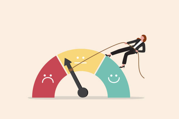 Performance rating or customer feedback, credit score or satisfaction measurement, quality control or improvement concept, strong businesswoman pull the string to make rating gauge to be excellent. vector art illustration