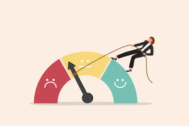 Vector illustration of Performance rating or customer feedback, credit score or satisfaction measurement, quality control or improvement concept, strong businesswoman pull the string to make rating gauge to be excellent.