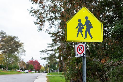 Señal amarilla de cruce de la escuela en la carretera cerca de la zona escolar photo