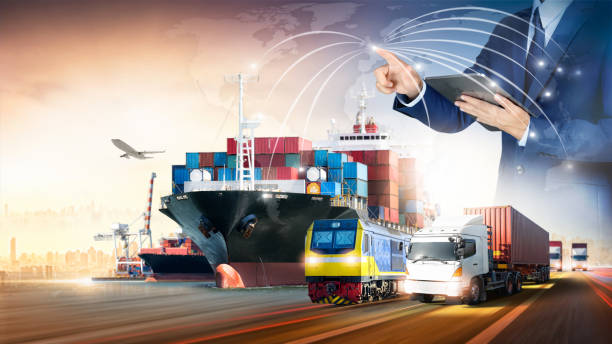 istock Businessman touching virtual screen world map of Global logistics network distribution, Container cargo freight ship at industrial port for logistics Import export background, Smart technology concept 1368521701