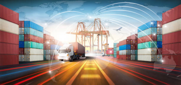 Global business logistics import export and container cargo freight ship loading at port by crane, container handlers, cargo airplane, truck on highway, transport industry concept, Depth blur effect logística comercial global importación exportación y carga de contenedores carga de buques en el puerto por grúa, manipuladores de contenedores, avión de carga, camión en carretera, concepto de industria de transporte, efecto de desenfoque de profund