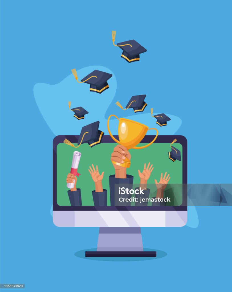 Computer Graduates Student Computer With Graduates Students Hands Stock Illustration - Download ...