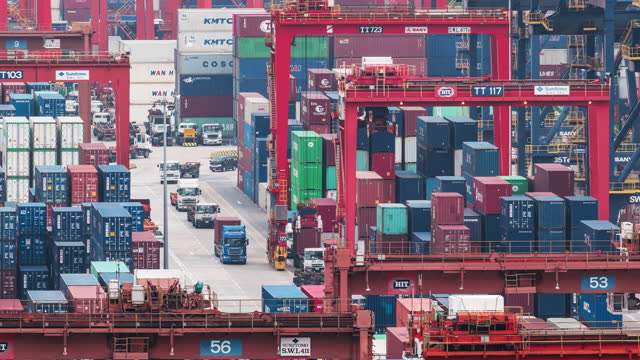 Time lapse of Hong Kong Port cargo transshipment hub and container transportation