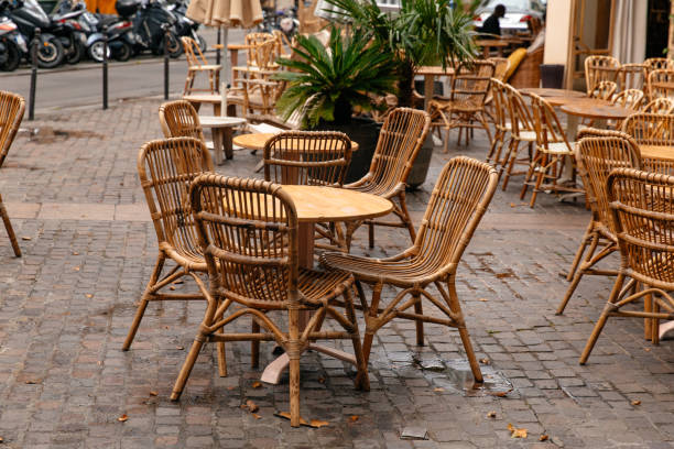 istock Empty wood table and chairs on the terrace 1368523792