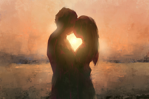 digital art painting set of young couple on sunset background.