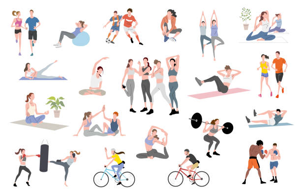 illustrazioni stock, clip art, cartoni animati e icone di tendenza di materiale per illustrazioni vettoriali: le persone si divertono a praticare sport e fitness - workout