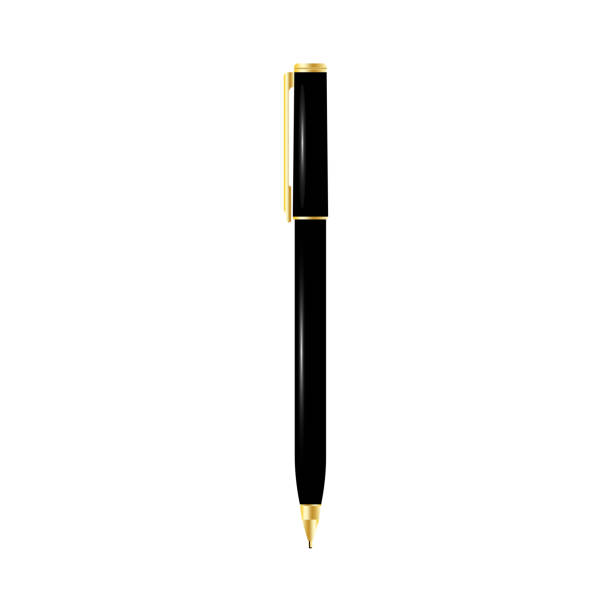 istock Ball pen icon. Isolated object. Flat design. Black and gold. School equipment. Vector illustration. Stock image. 1368524597