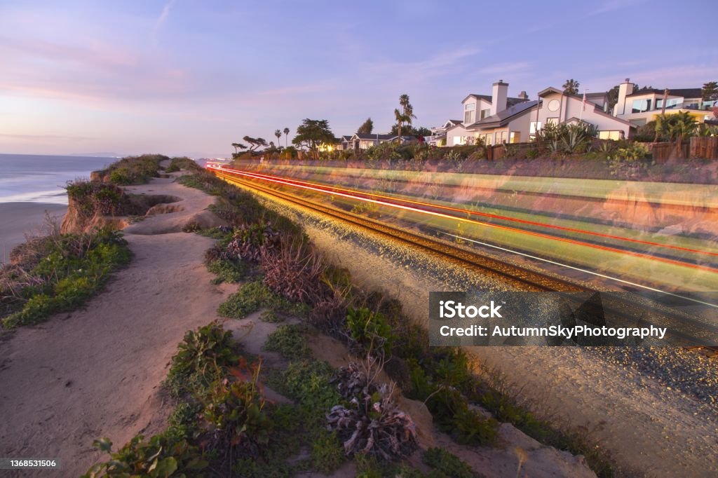 Transparent Silhouette of High Speed Coaster Train Railway Tracks along Southern California Pacific Ocean Coastline in Del Mar, San Diego County California Stock Photo