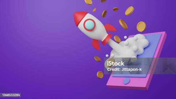 3d Illustration Rendering Rocket To The Moon Cryptocurrency Startup Nft Game Token Staking Bitcoin Ethereum Financial Coins Mobile Phone Online App Exchange Play To Earn Graph Trending Money Invest Stock Photo - Download Image Now