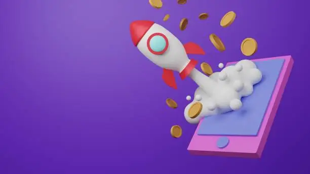 3D Illustration Rendering Rocket to the Moon Cryptocurrency Startup NFT Game Token Staking Bitcoin Ethereum Financial Coins Mobile Phone Online App Exchange Play to Earn Graph Trending Money Invest