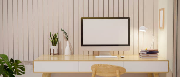 istock Cozy minimal office workstation interior design with pc desktop mockup 1368533323