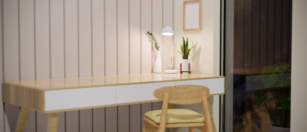 istock Modern minimal cozy home workspace interior with wooden table and chair 1368533324