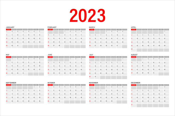 ilustraciones, imágenes clip art, dibujos animados e iconos de stock de calendario para 2023 sobre fondo blanco. calendario mensual para 2023. la semana comienza el domingo. - monthly