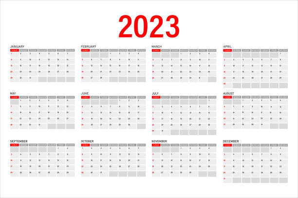ilustrações de stock, clip art, desenhos animados e ícones de calendar for 2023 on a white background. monthly calendar for 2023. the week starts on sunday. - monthly