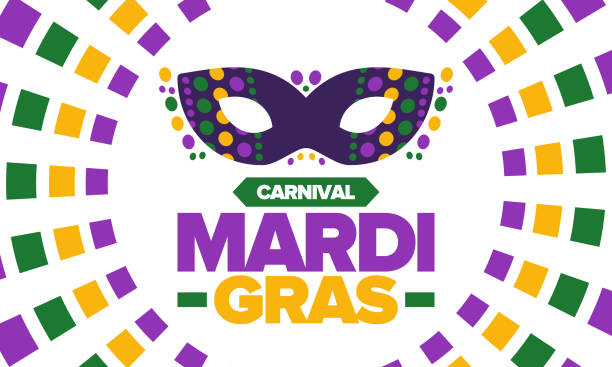 mardi gras carnival in new orleans. fat tuesday. traditional folk festival with parade and celebration. annual holiday. costume masquerade, fun party. carnival mask. poster, card, banner. vector illustration - 懺悔星期二 幅插畫檔、美工圖案、卡通及圖標