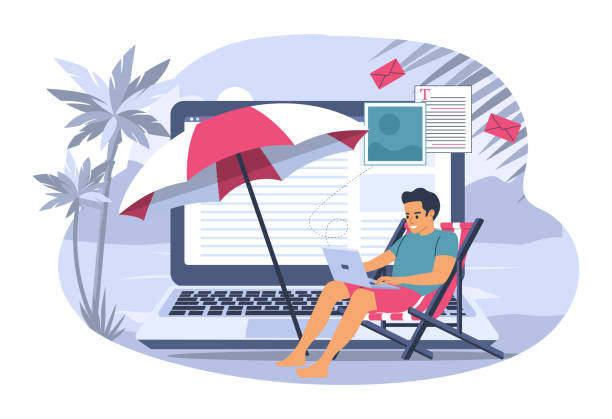 ilustrações de stock, clip art, desenhos animados e ícones de downshifting concept. young man working remotely creating content. vector illustration. - mobile work